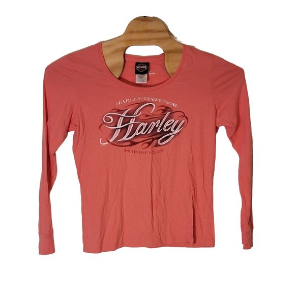 Harley Davidson Cycles Long Sleeve Graphic T-Shirt Women's Size Large Pink - Picture 1 of 7